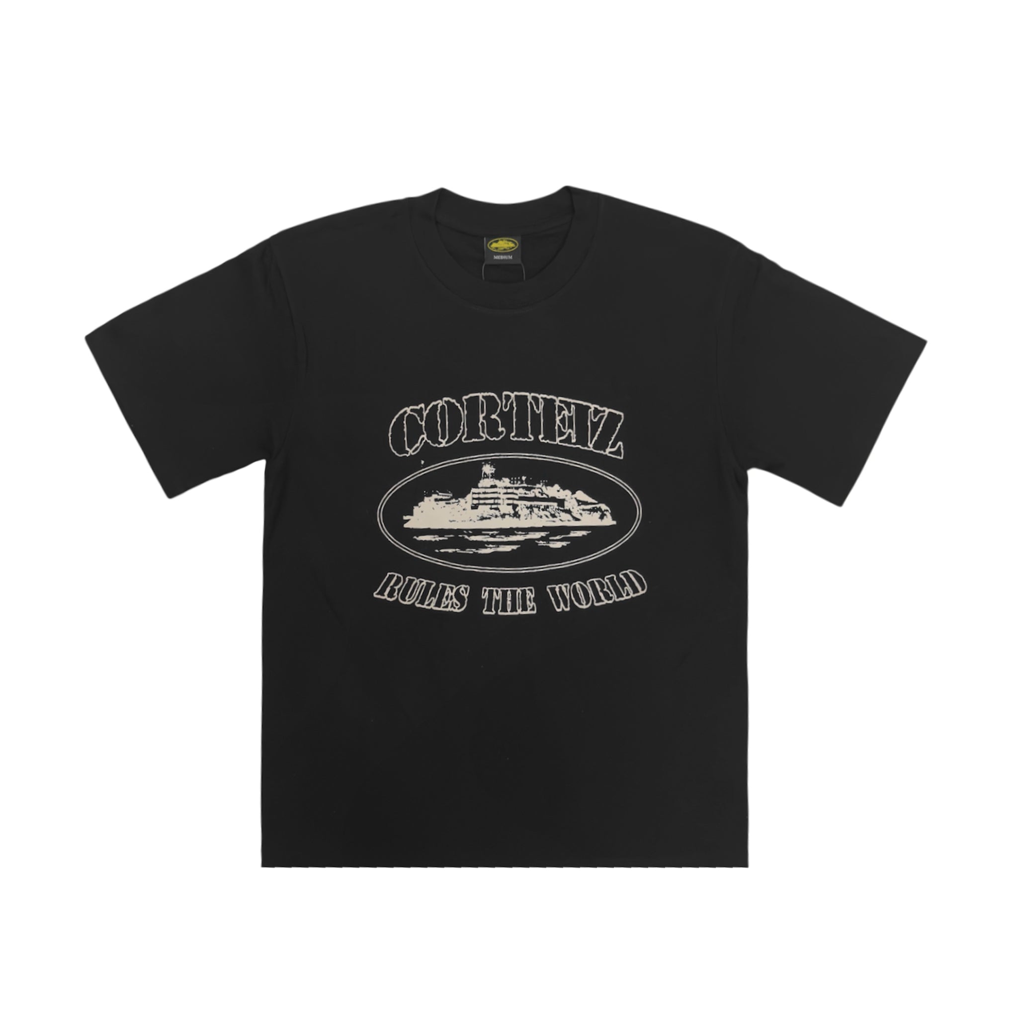 Corteiz OG Alcatraz T-shirt in black featuring a bold graphic design, relaxed fit, and Central Ae branding.