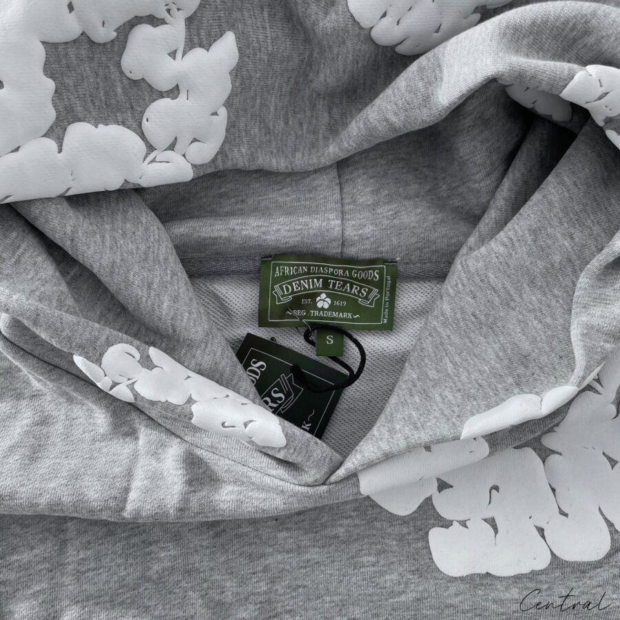 Gray Central ae hoodie featuring a cotton wreath design on the front, displayed on a neutral background.