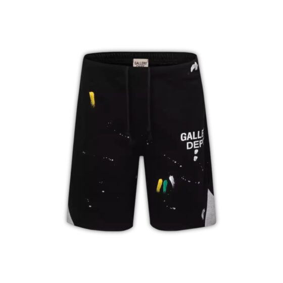 Central ae Gallery Dept paint splatter shorts featuring colorful splatters on a casual denim style.