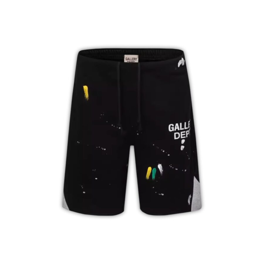 Central ae Gallery Dept paint splatter shorts featuring colorful splatters on a casual denim style.