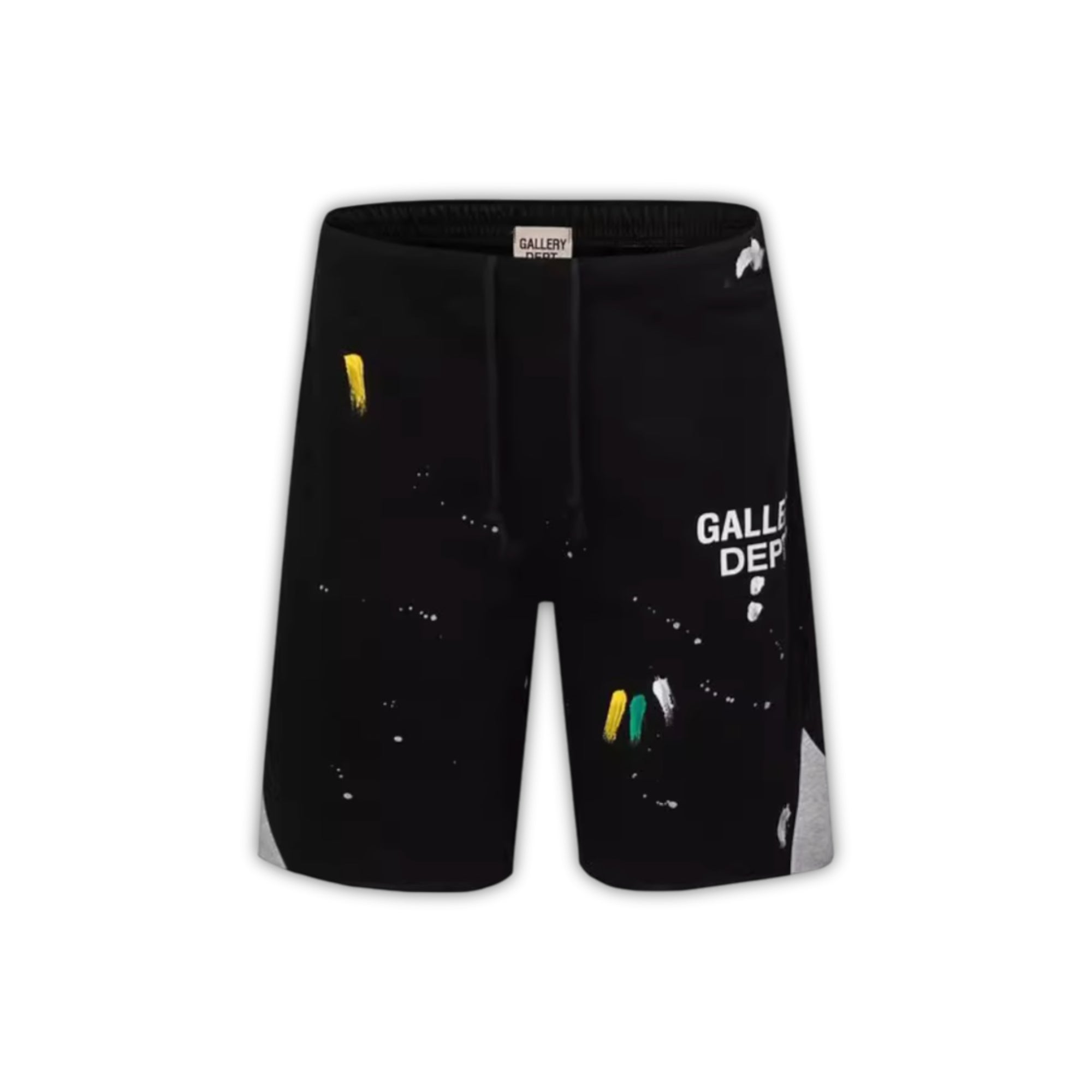Central ae Gallery Dept paint splatter shorts featuring colorful splatters on a casual denim style.