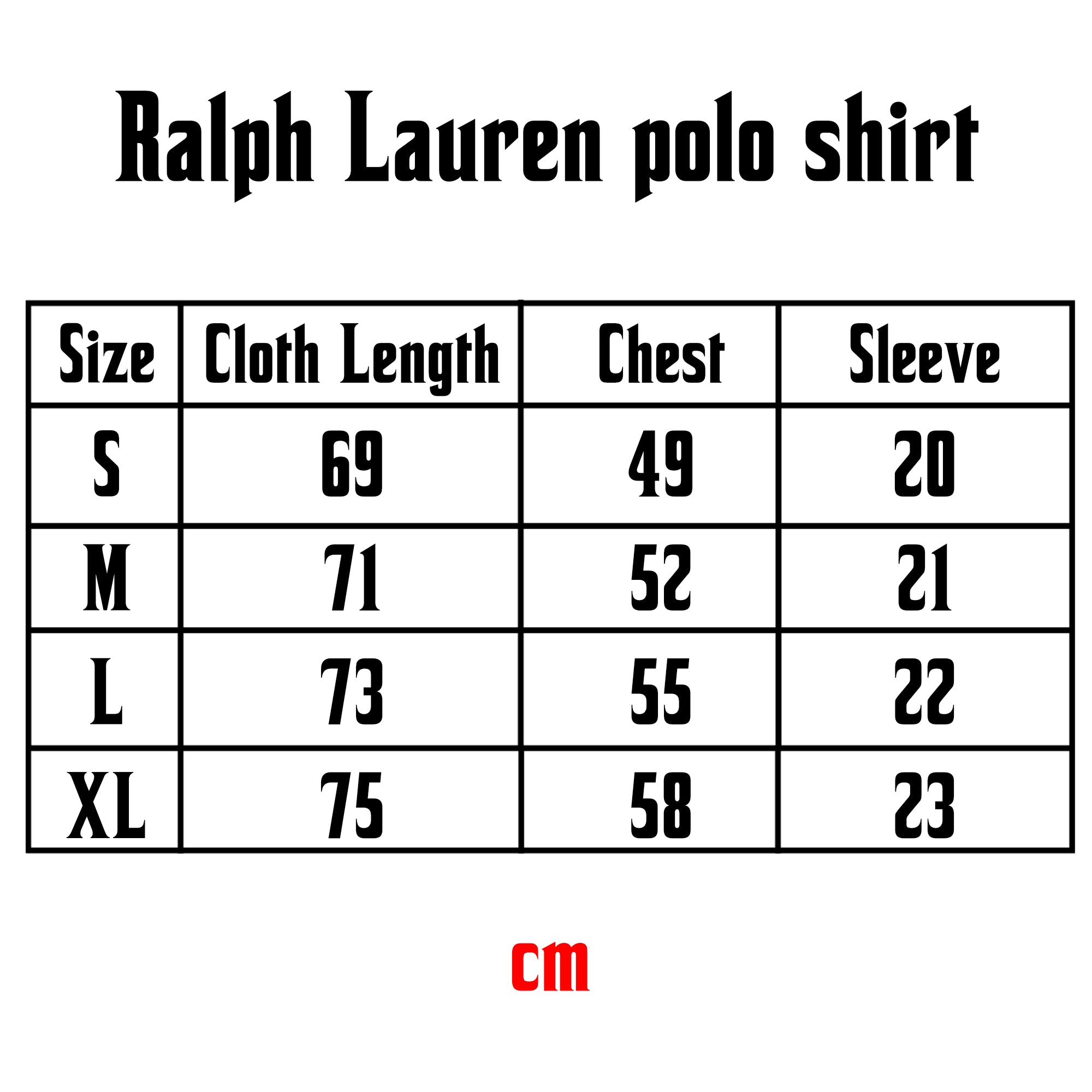 Ralph Lauren white polo shirt size chart with measurements for a perfect fit.