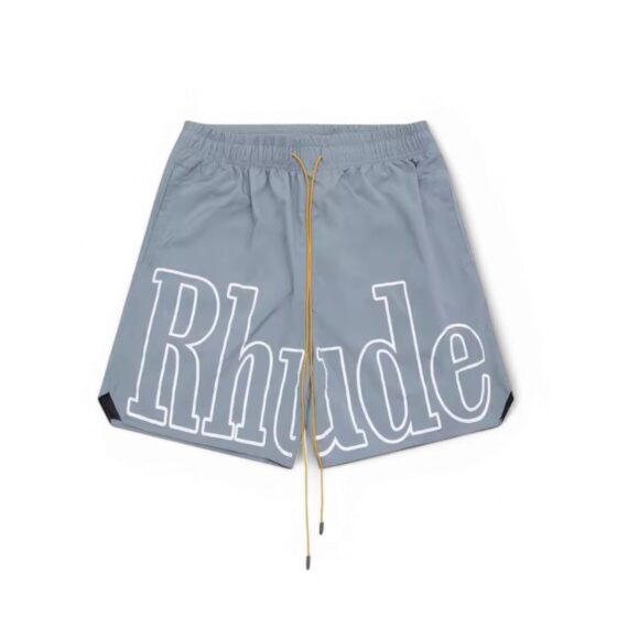 Sky blue Rhude logo shorts from Central ae displayed on a flat surface with visible brand logo and stitching details.