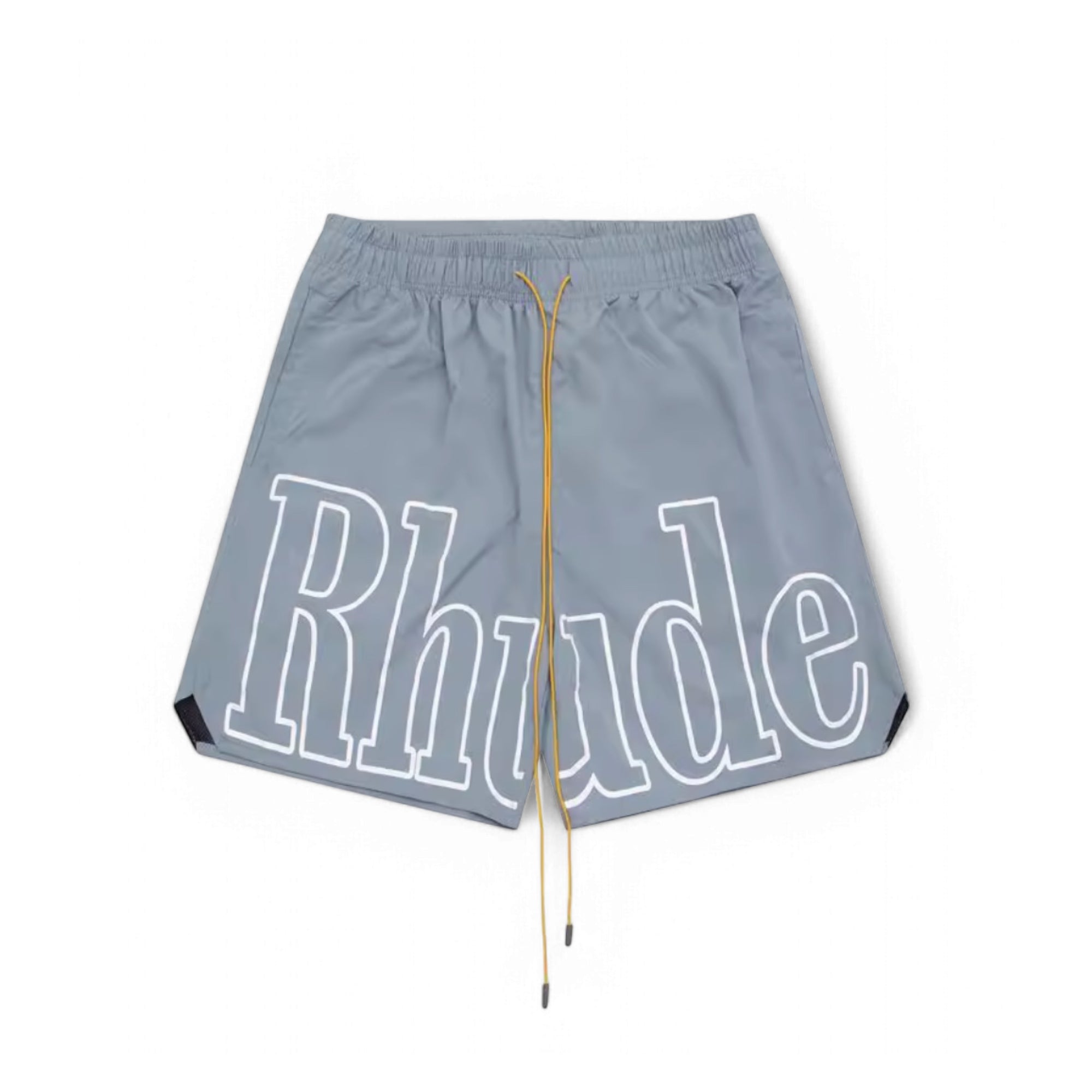 Sky blue Rhude logo shorts from Central ae displayed on a flat surface with visible brand logo and stitching details.