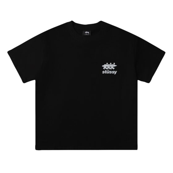 Stussy SURFWALK t-shirt in black featuring a graphic design, displayed on a neutral background.