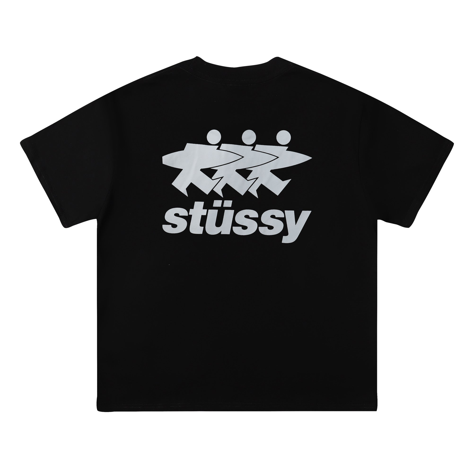 Black Stussy SURFWALK t-shirt featuring a bold graphic design, displayed on a flat surface.