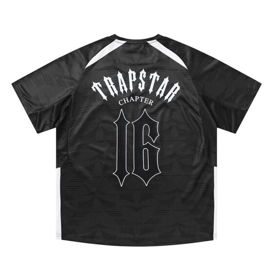 Trapstar X Clavish Chapter 16 Jersey by Central ae featuring bold graphics and a comfortable fit on a hanger.