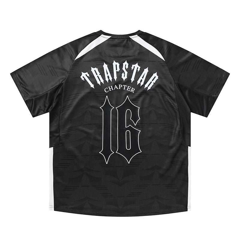 Trapstar X Clavish Chapter 16 Jersey by Central ae featuring bold graphics and a comfortable fit on a hanger.