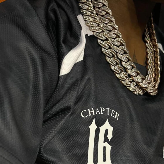 Trapstar X Clavish Chapter 16 Jersey in black, featuring bold graphics and a comfortable fit.