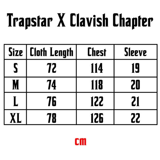 Trapstar X Clavish Chapter 16 Jersey size chart with measurements for optimal fit and styling guidance.