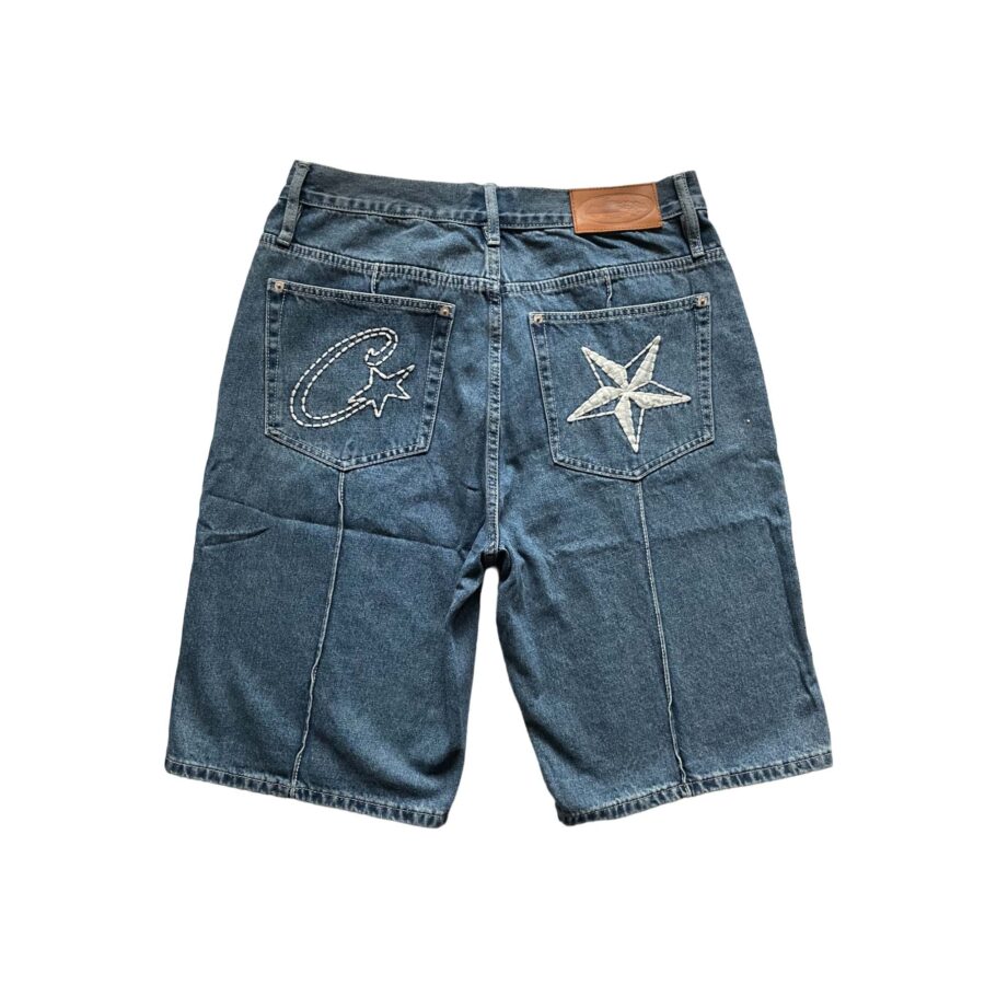 Corteiz C-Star Denim Shorts in blue with a relaxed fit and frayed hem, showcasing casual summer style.