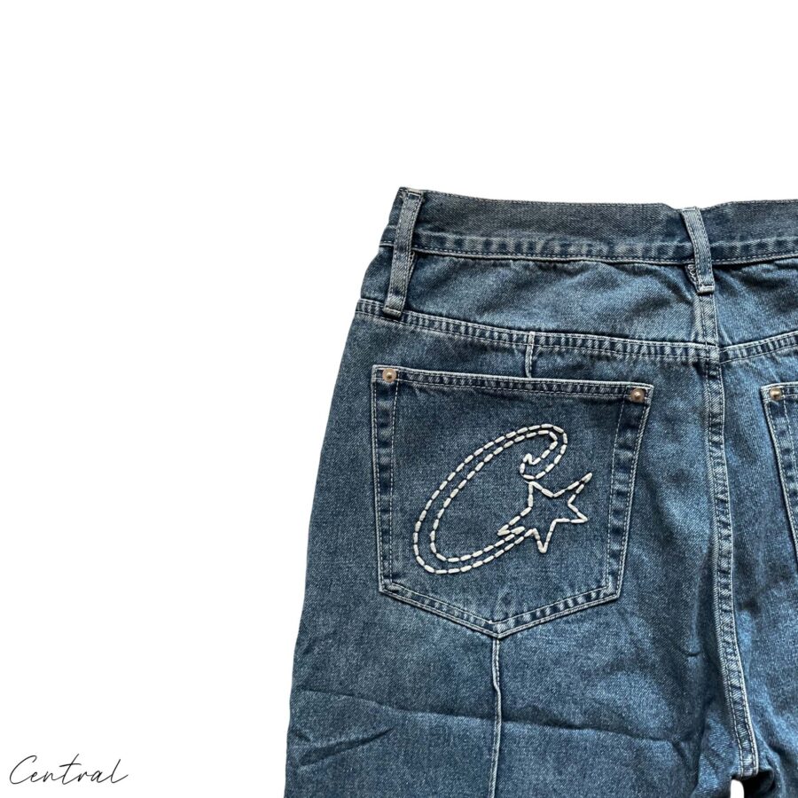 Corteiz C-Star Denim Shorts in a casual style, featuring a classic cut and distressed detailing, perfect for summer wear.