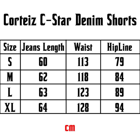 Corteiz C-Star Denim Shorts displayed on a size chart with measurements for a perfect fit.