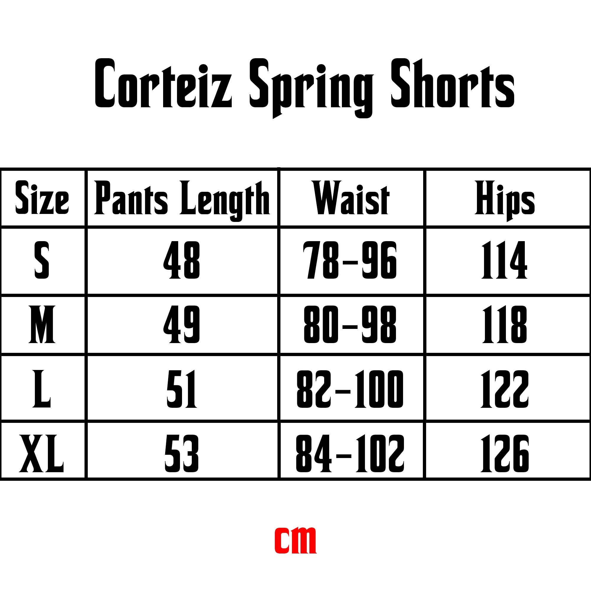 Corteiz black and yellow spring shorts displayed with size chart for Central ae shorts collection.