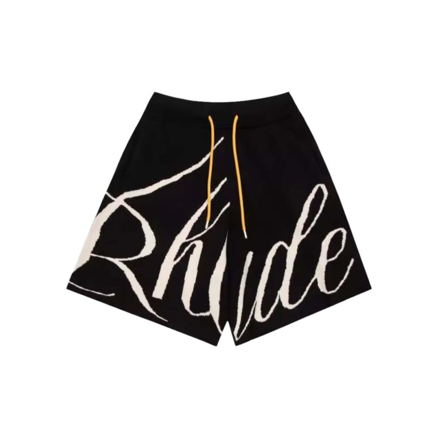 Black and cream Rhude knit logo shorts, featuring a comfortable fit and stylish design, displayed on a plain background.