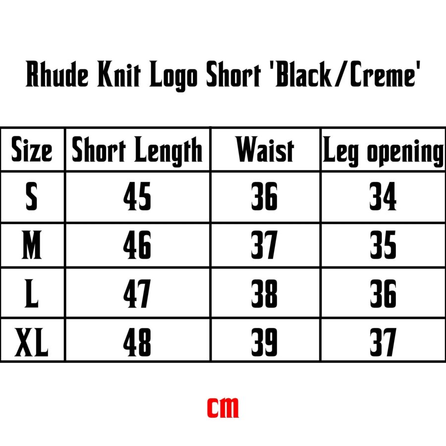 Rhude black and cream knit logo shorts displayed flat, showcasing fabric texture and logo detail.