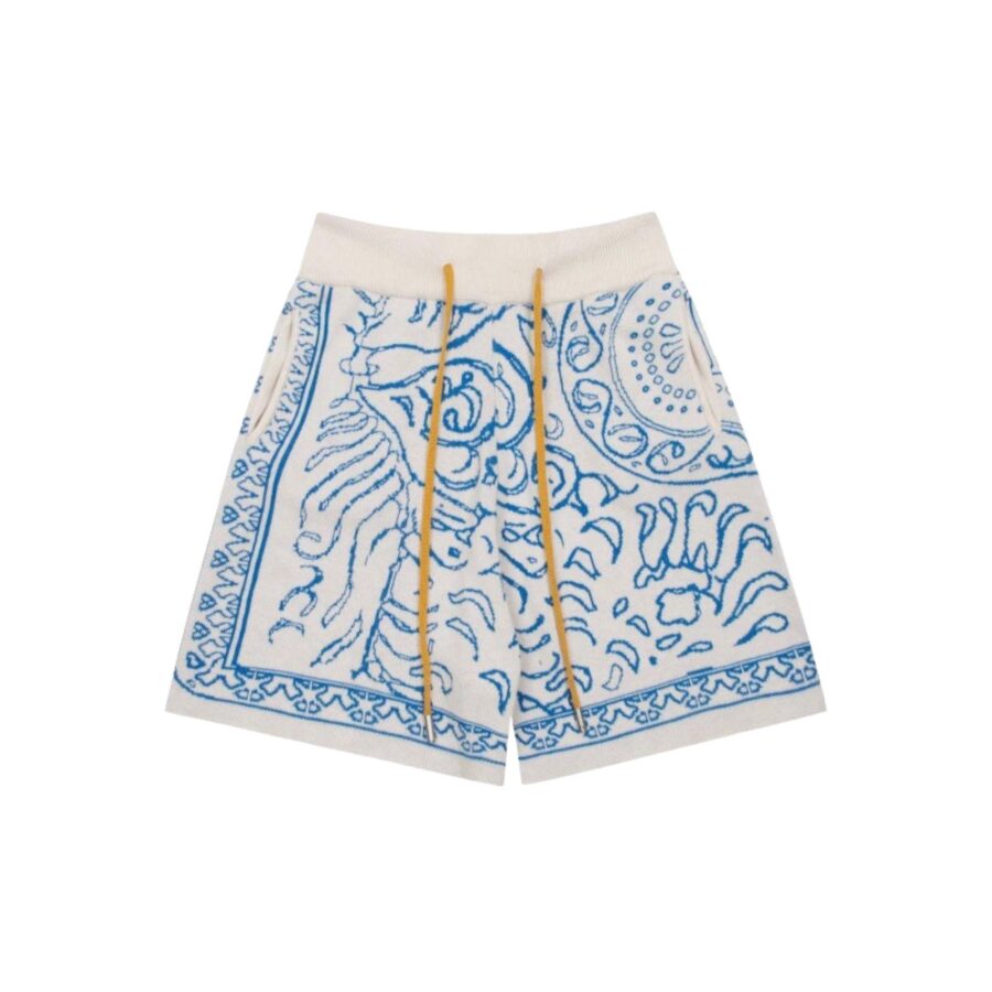 Rhude Knit Tile Shorts in Crème and Blue, featuring a comfortable knit design and stylish tile pattern.