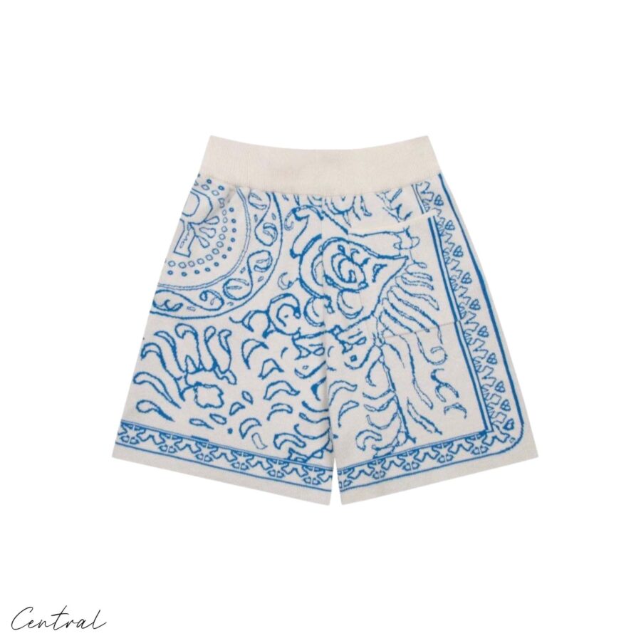 Rhude Knit Tile Shorts in Crème and Blue featuring a stylish knit design and comfortable fit.