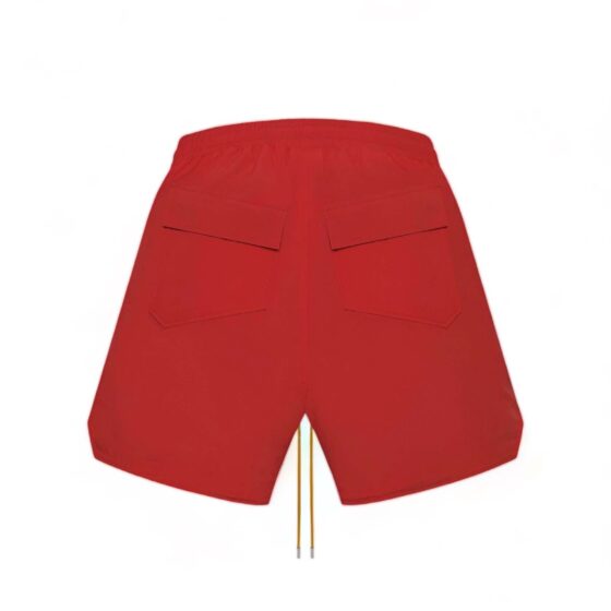 Red Rhude shorts displayed on a neutral background, showcasing their relaxed fit and stylish design.
