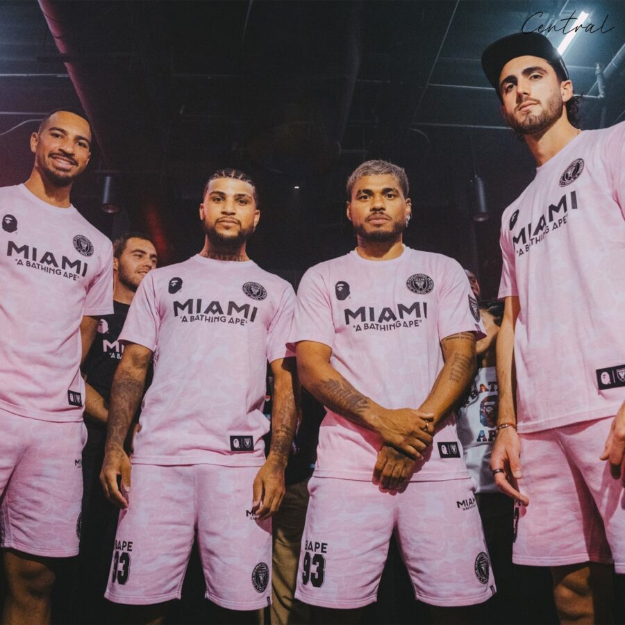 BAPE x Inter Miami pink camo t-shirt featuring a vibrant design and relaxed fit by Central ae.