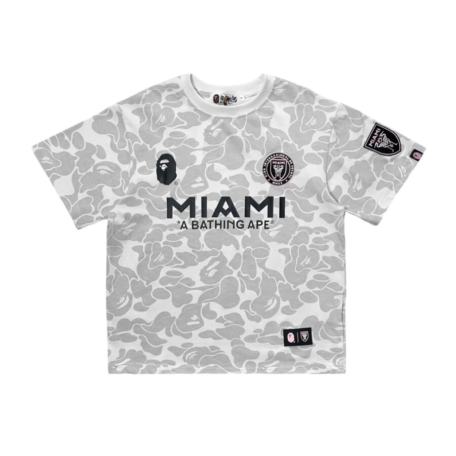 BAPE x Inter Miami white camo t-shirt by Central ae, featuring a unique camouflage pattern and relaxed fit.