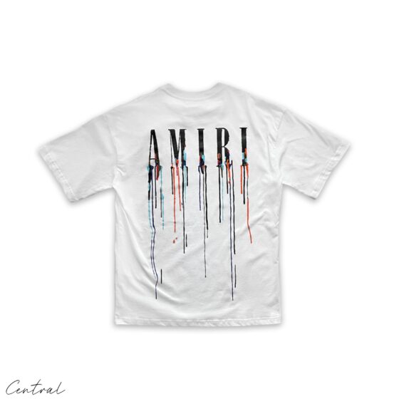 Amiri Paint Drip White T-Shirt from Central ae featuring a unique paint drip design on a classic white tee.