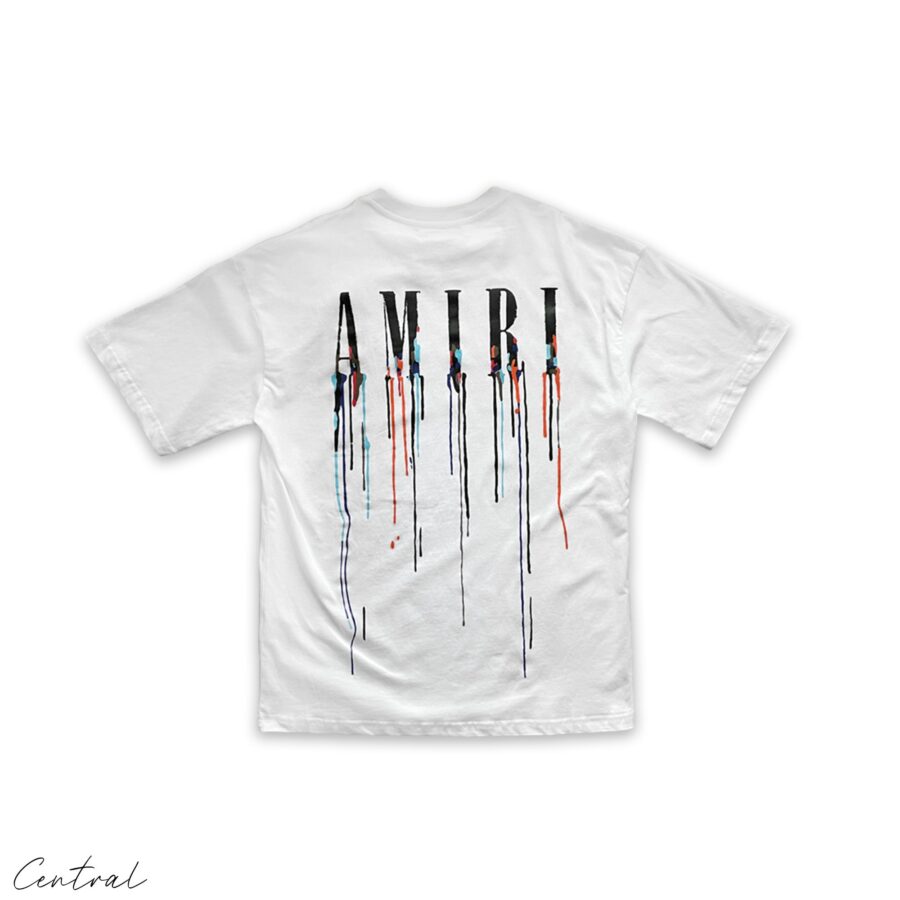 Amiri Paint Drip White T-Shirt from Central ae featuring a unique paint drip design on a classic white tee.