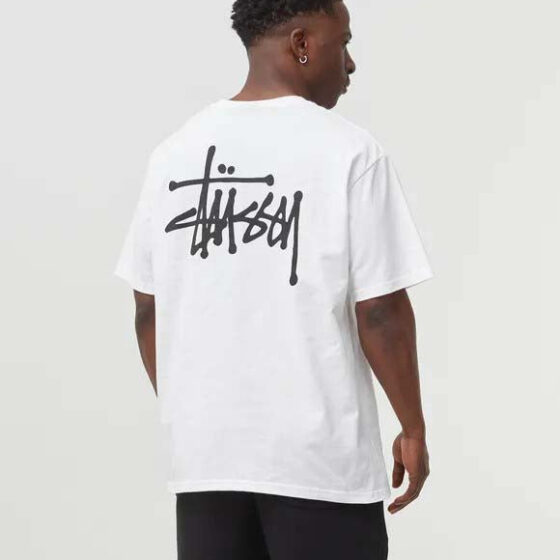 White BASIC STÜSSY TEE t-shirt laid flat, showcasing the iconic logo and soft fabric texture.