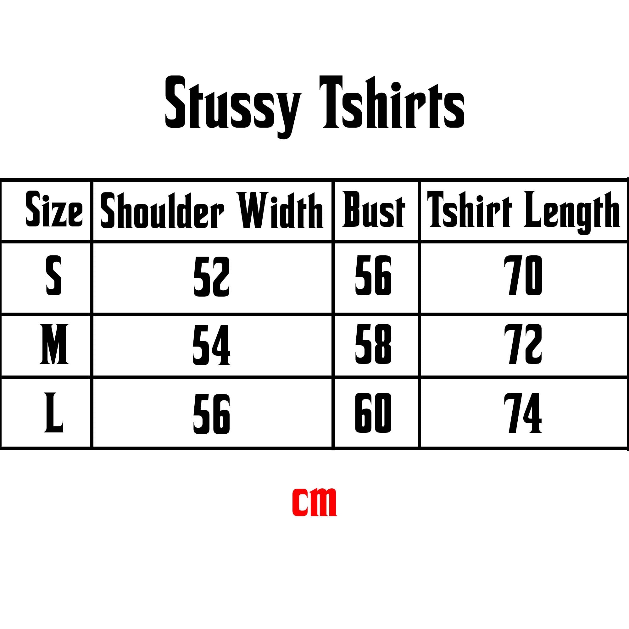White BASIC STÜSSY TEE displayed on a size chart, featuring a crew neck and short sleeves for casual wear.