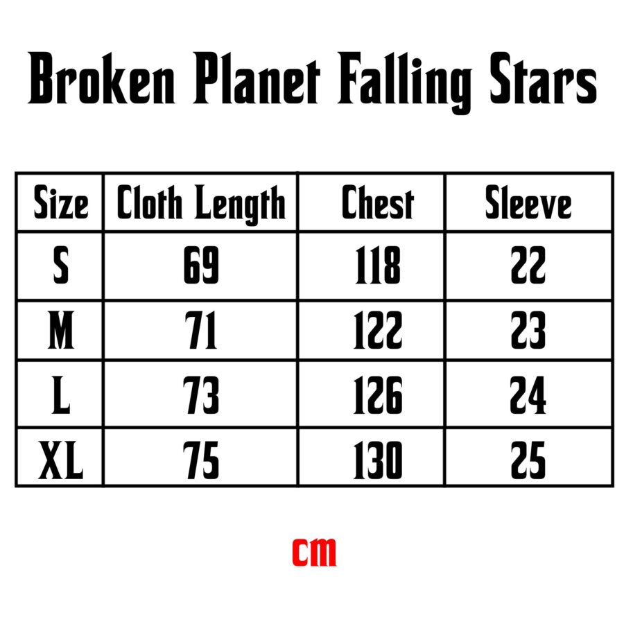 Size chart for Central ae Broken Planet Falling Stars T-Shirt, displaying measurements and fit details.