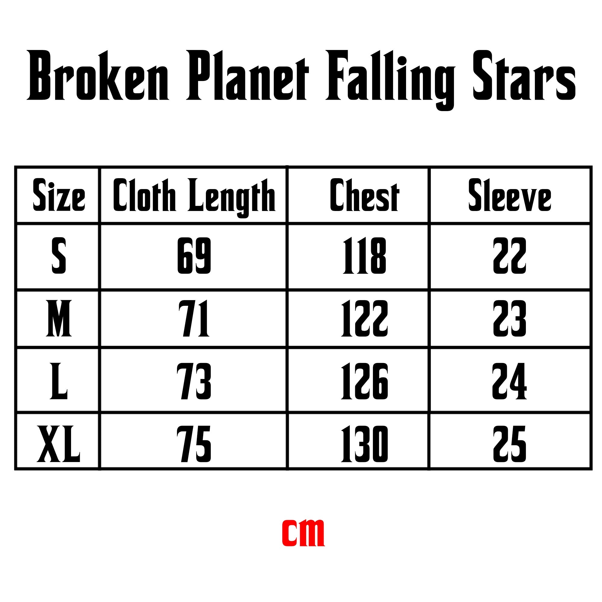 Size chart for Central ae Broken Planet Falling Stars T-Shirt, displaying measurements and fit details.