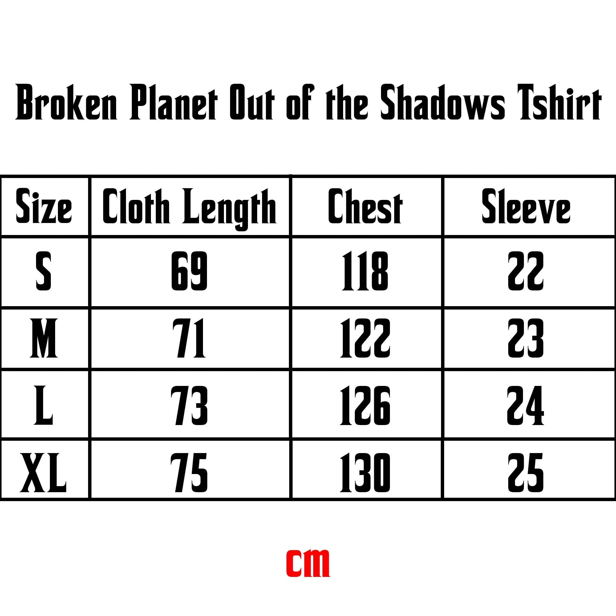 Size chart for Broken Planet Out of the Shadows T-shirt by Central ae, featuring measurements for a perfect fit.
