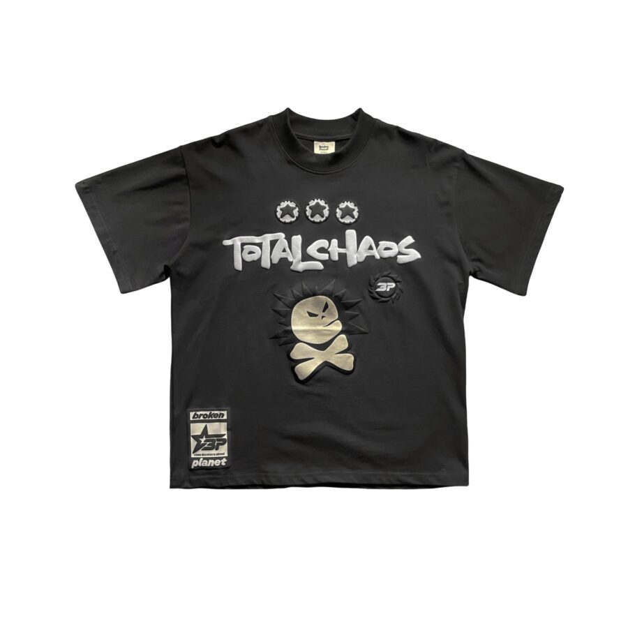 Central ae Broken Planet Total Chaos T-shirt featuring a bold graphic design on a classic fit black tee.