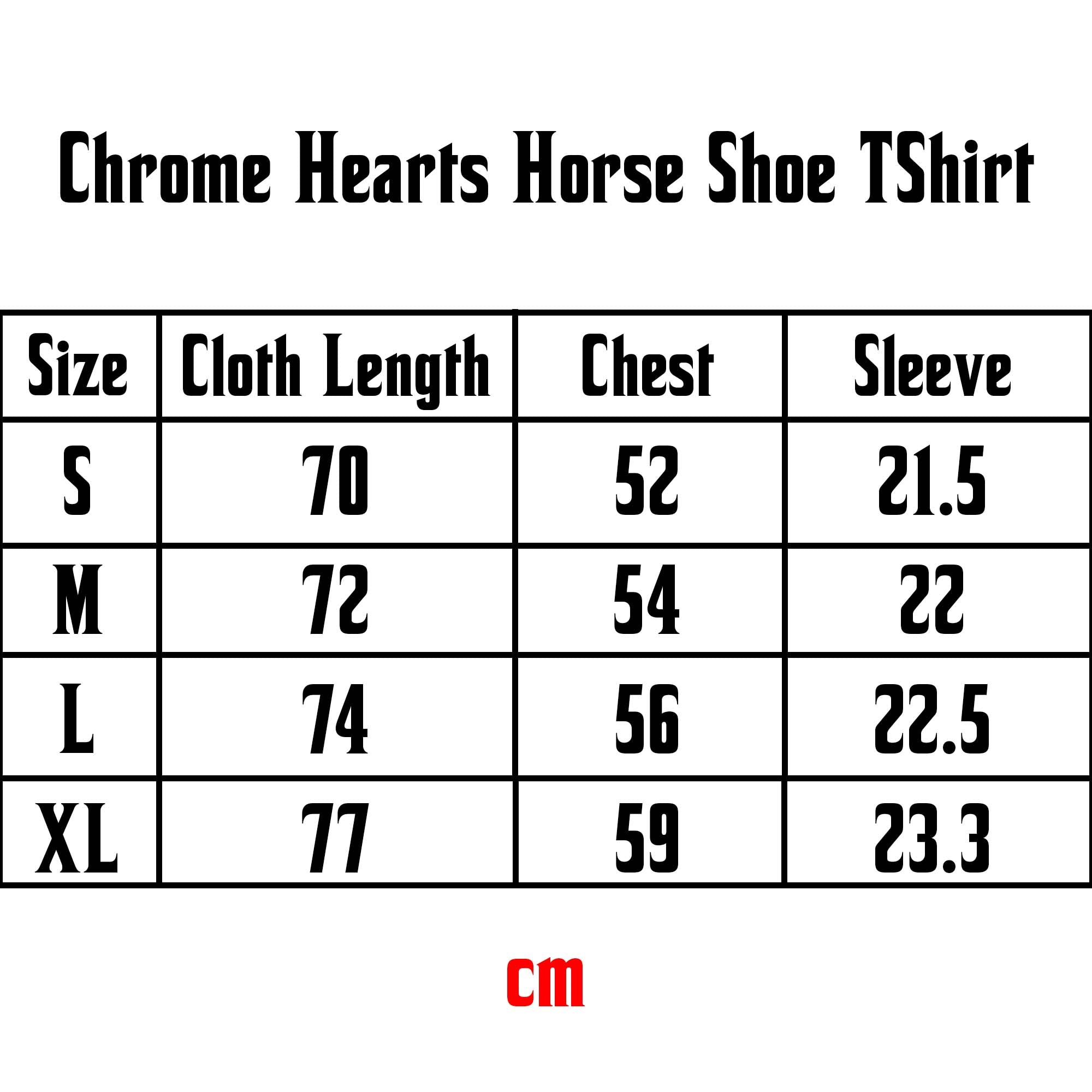 Chrome Hearts Horse Shoe Logo Pocket T-Shirt size chart with measurements for a perfect fit.