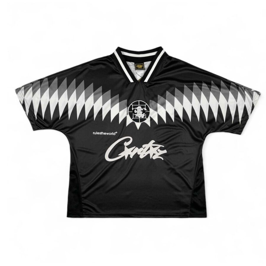 Corteiz Club RTW black football jersey t-shirt featuring a sleek design and comfortable fit from Central AE.