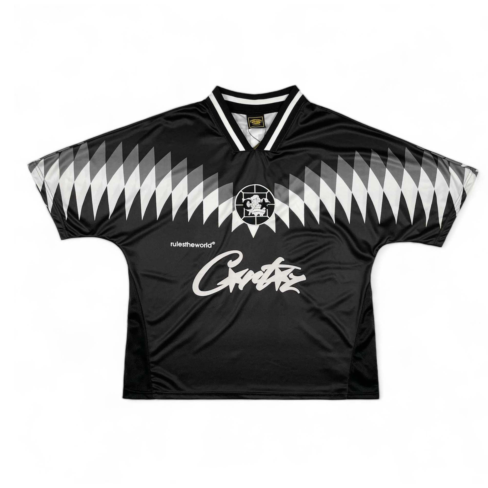 Corteiz Club RTW black football jersey t-shirt featuring a sleek design and comfortable fit from Central AE.