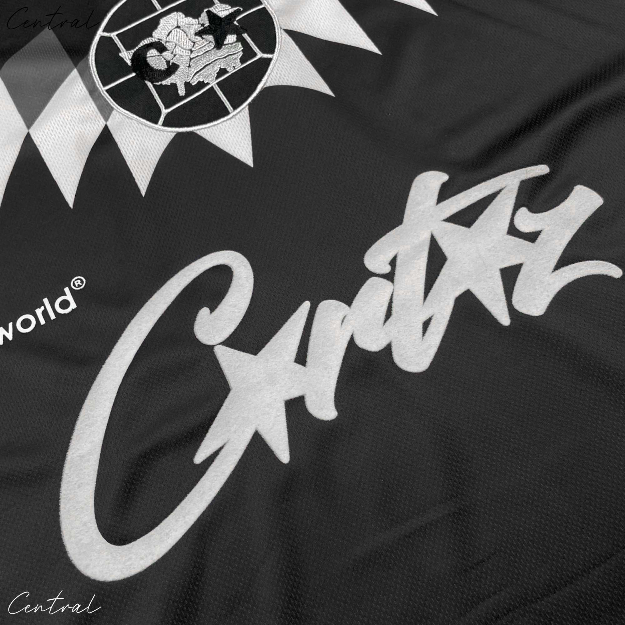 Black Corteiz Club RTW football jersey t-shirt featuring a sleek design with the brand logo prominently displayed.