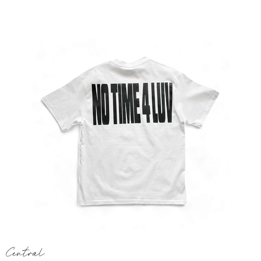 Central AE Corteiz No Time 4 Luv T-shirt, black cotton t-shirt with bold white graphic design, casual streetwear style.