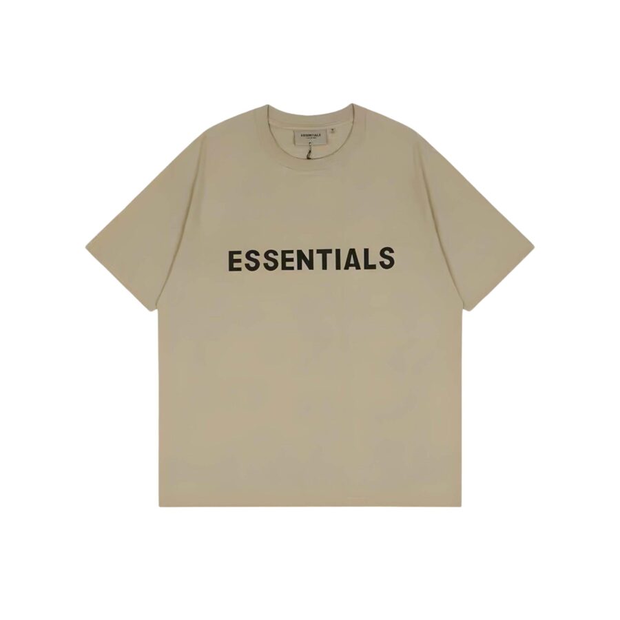 Khaki oversized FOG ESSENTIALS T-shirt featuring a relaxed fit and simple design, ideal for casual wear.