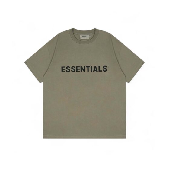 Olive green oversized FOG ESSENTIALS T-shirt displayed on a neutral background, showcasing its relaxed fit and soft fabric.