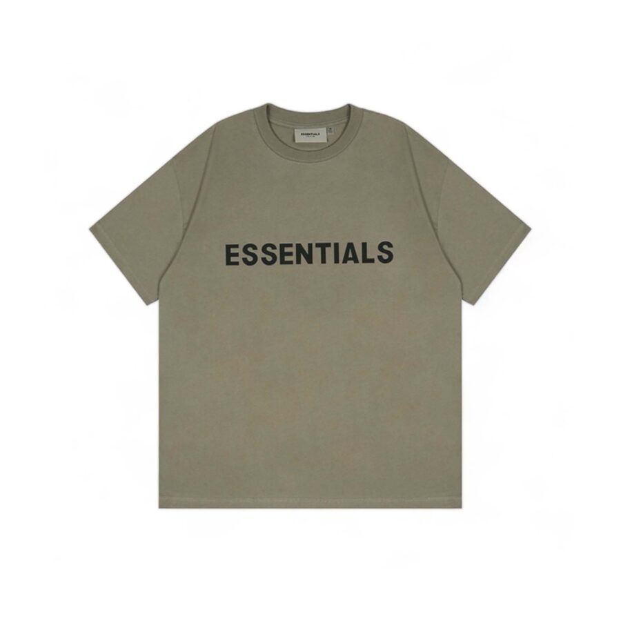 Olive green oversized FOG ESSENTIALS T-shirt displayed on a neutral background, showcasing its relaxed fit and soft fabric.