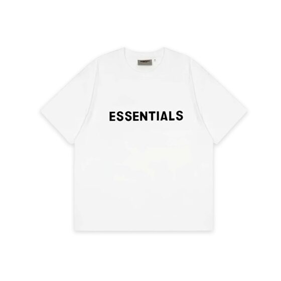 White oversized FOG ESSENTIALS T-shirt displayed on a mannequin, featuring a relaxed fit and minimalistic design.