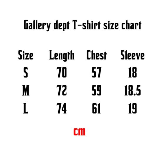 Gallery Dept. Dépt De La Galerie T-shirt displayed on a size chart, highlighting measurements for optimal fit.