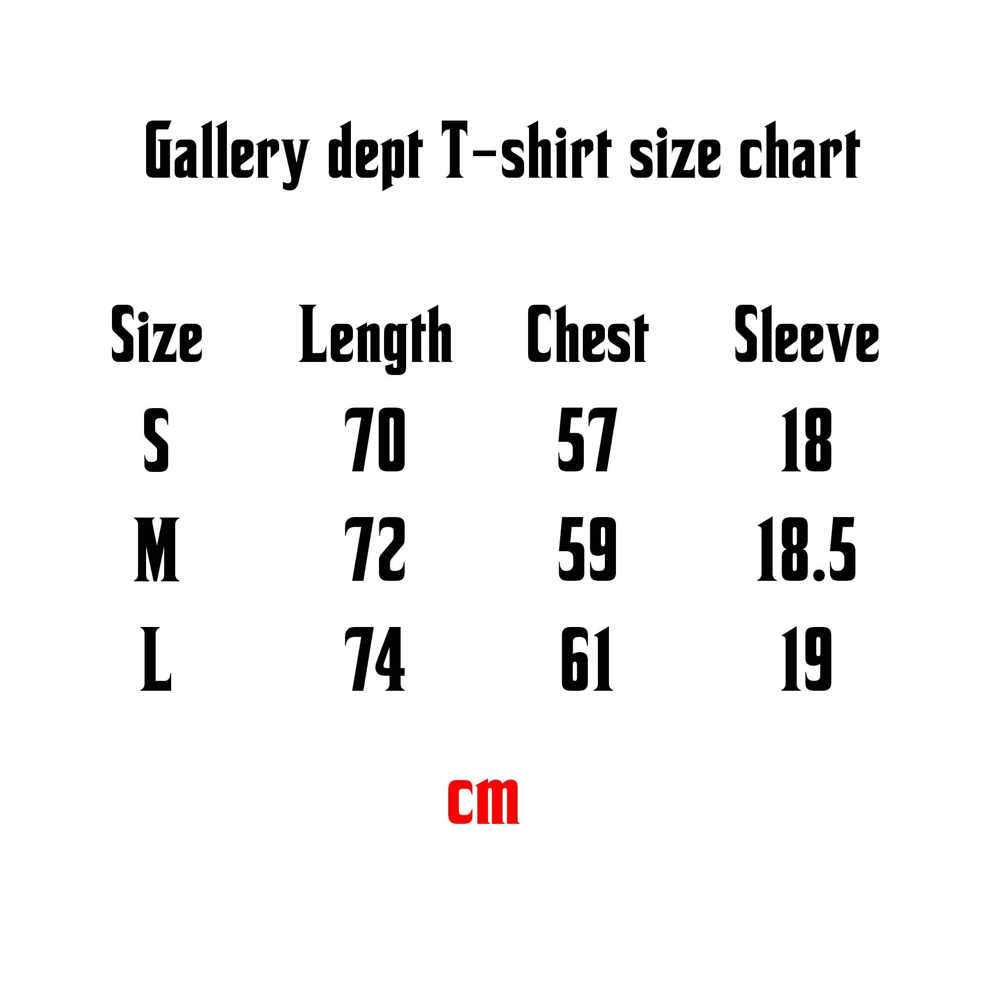 Gallery Dept. Black T-shirt on a size chart, featuring a relaxed fit and casual style by Central ae.