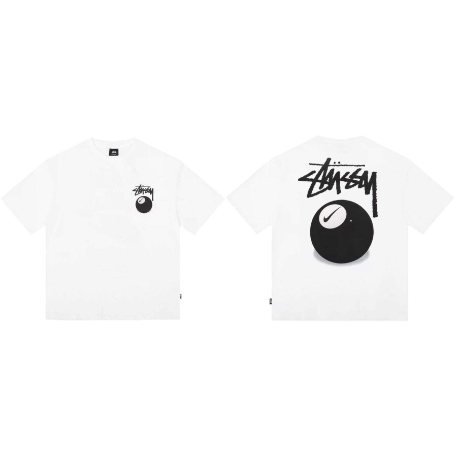 White NIKE X STUSSY 8 BALL T-shirt featuring graphic design and relaxed fit.