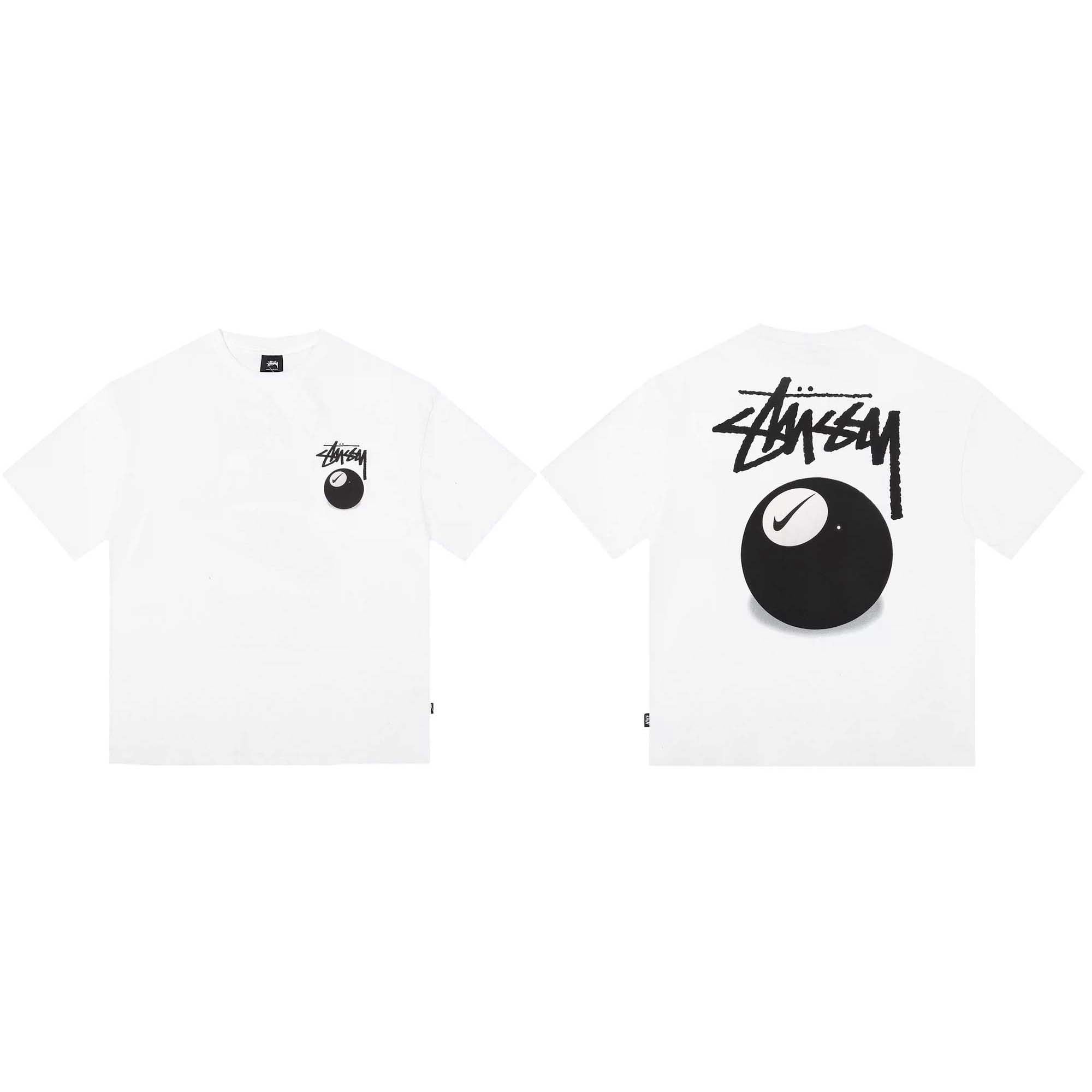 White NIKE X STUSSY 8 BALL T-shirt featuring graphic design and relaxed fit.