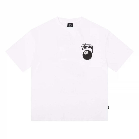 White NIKE X STUSSY 8 Ball T-shirt featuring a graphic design, round neckline, and short sleeves.