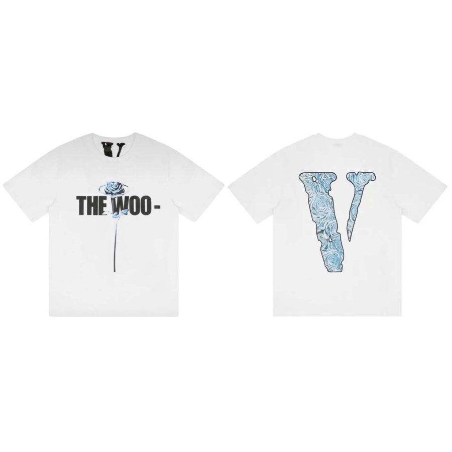White Pop Smoke x Vlone 'The Woo' T-shirt featuring bold graphics and a comfortable fit by Central ae.