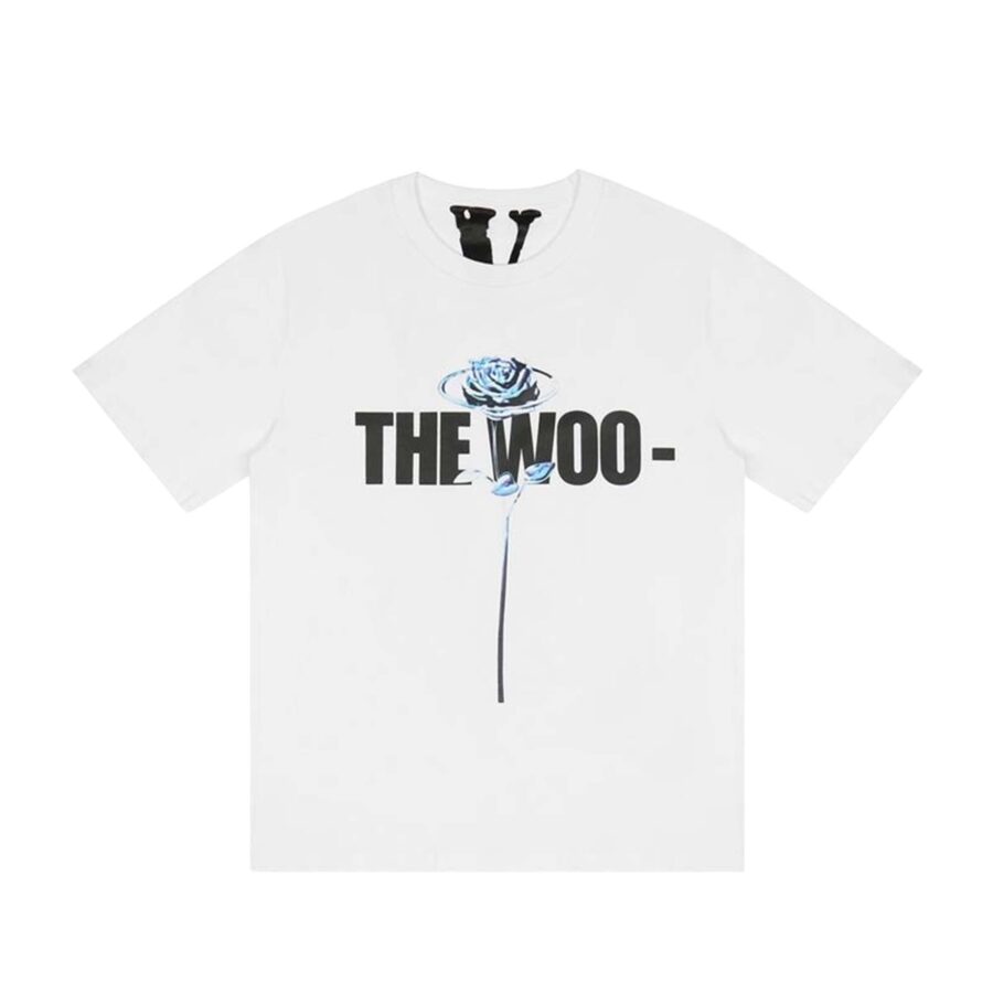 White Pop Smoke x Vlone 'The Woo' T-shirt featuring bold graphics and a comfortable fit by Central ae.