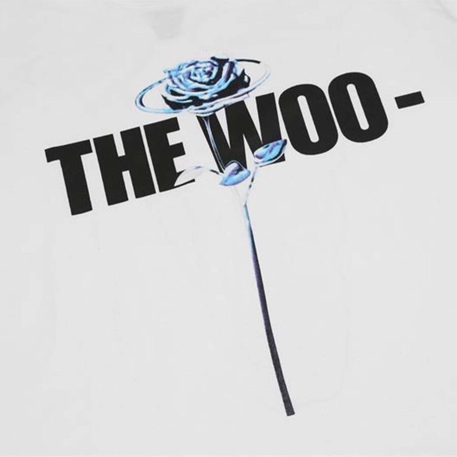 Pop Smoke x Vlone 'The Woo' white t-shirt featuring bold graphic design and Central ae branding on the front.
